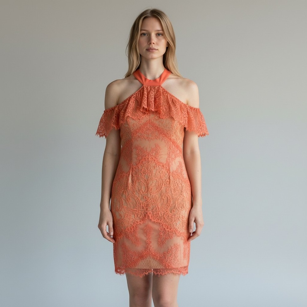 Bebe Coral Orange Floral Lace Halter Cold Shoulder Cocktail Dress Size 8 Y2K